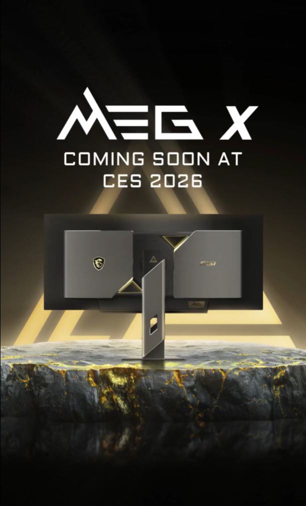 مانیتور گیمینگ MSI مدل MEG X روی یک تخته سنگ با متن "Coming Soon at CES 2026".