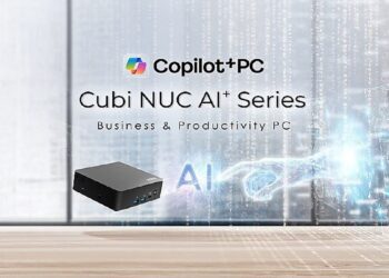مینی پیسی MSI Cubi NUC AI Plus با لوگوی Copilot+ PC در پسزمینه دیجیتال.