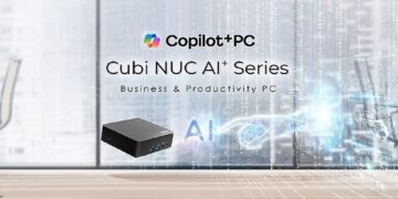 مینی پی‌سی MSI Cubi NUC AI Plus با لوگوی Copilot+ PC در پس‌زمینه دیجیتال.