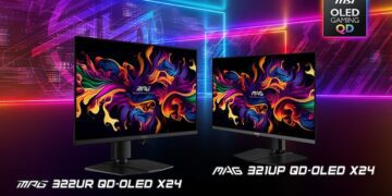 تصویر تبلیغاتی دو مانیتور ۳۲ اینچ جدید MSI مدل‌های MPG 322UR و MAG 321UP کنار هم.