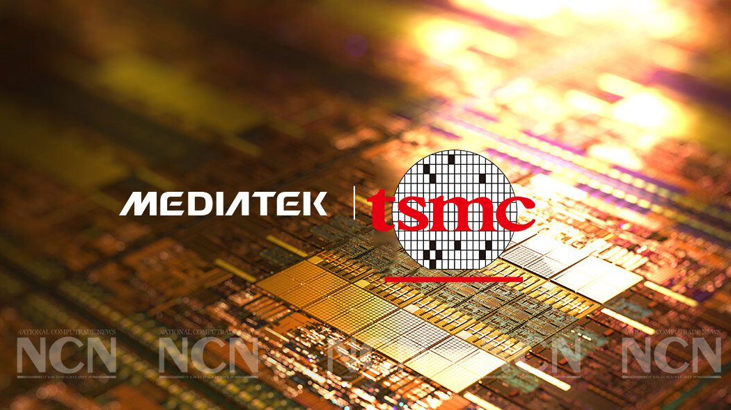 لوگوی همکاری MediaTek و TSMC روی پس‌زمینه‌ای از ویفرهای سیلیکونی تراشه ۲ نانومتری.