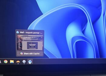 دکمه Share with Copilot در پیش‌نمایش پنجره‌های نوار وظیفه ویندوز ۱۱.