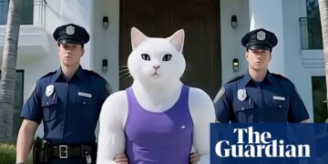یک تصویر ساخته شده با هوش مصنوعی از یک گربه سفید عضلانی که توسط دو افسر پلیس اسکورت می‌شود.
