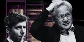 تصویر ترکیبی از سم آلتمن (OpenAI) و جنسن هوانگ (NVIDIA) با پسزمینهای از سرورهای پردازشی.