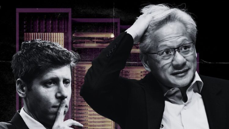 تصویر ترکیبی از سم آلتمن (OpenAI) و جنسن هوانگ (NVIDIA) با پس‌زمینه‌ای از سرورهای پردازشی.