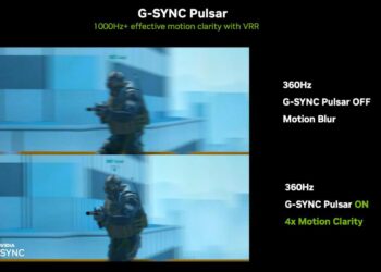 نمودار مقایسه‌ای G-SYNC Pulsar انویدیا که کاهش تاری حرکت (Motion Blur) را در بازی‌های ویدیویی نشان می‌دهد.