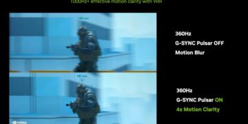 نمودار مقایسهای G-SYNC Pulsar انویدیا که کاهش تاری حرکت (Motion Blur) را در بازیهای ویدیویی نشان میدهد.