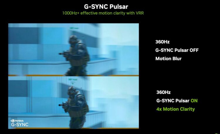 نمودار مقایسه‌ای G-SYNC Pulsar انویدیا که کاهش تاری حرکت (Motion Blur) را در بازی‌های ویدیویی نشان می‌دهد.