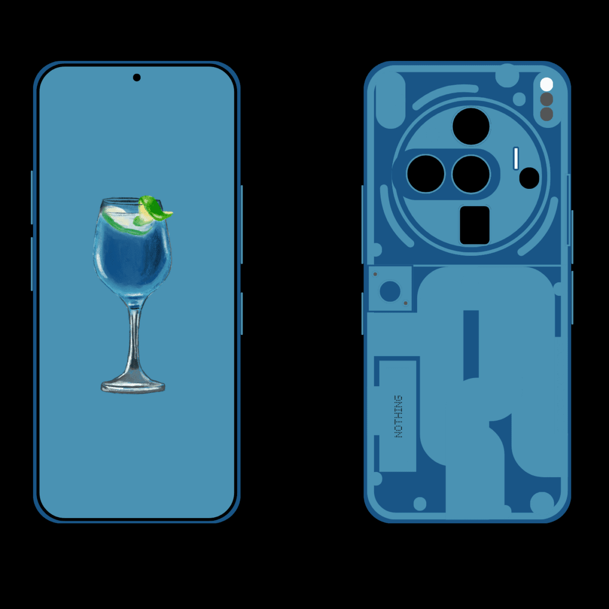 طرح گرافیکی پشت و روی گوشی Nothing Phone (4a) با تم رنگی آبی.