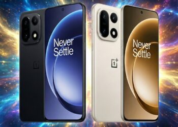 رندر تبلیغاتی دو گوشی وانپلاس ۱۶ در رنگهای مشکی و کرم با پسزمینه کهکشانی.