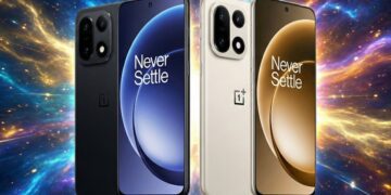 رندر تبلیغاتی دو گوشی وان‌پلاس ۱۶ در رنگ‌های مشکی و کرم با پس‌زمینه کهکشانی.