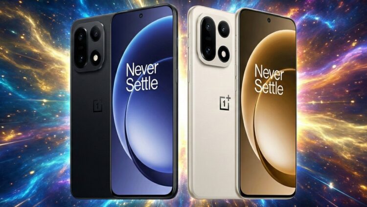 رندر تبلیغاتی دو گوشی وان‌پلاس ۱۶ در رنگ‌های مشکی و کرم با پس‌زمینه کهکشانی.