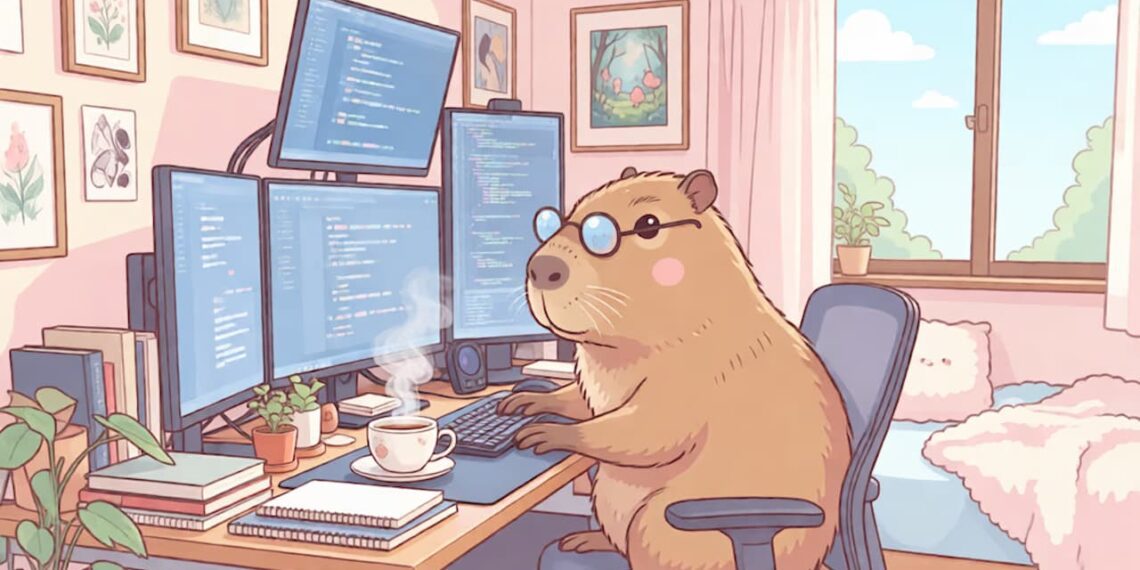 تصویر کارتونی یک کپی‌بارا با عینک پشت میز کار با چهار مانیتور در حال کدنویسی.