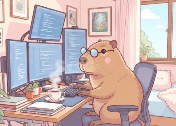 تصویر کارتونی یک کپی‌بارا با عینک پشت میز کار با چهار مانیتور در حال کدنویسی.