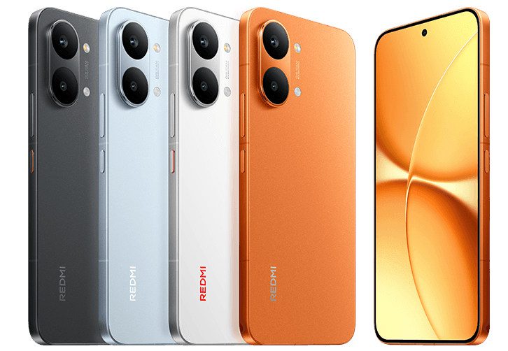 نمای ۳/۴ از گوشیهای Redmi Turbo 5 MAX که بدنه تخت و ماژول دوربین دوگانه را در رنگهای مختلف نشان میدهد.