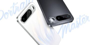 نمای نزدیک از پنل پشتی گوشی Realme 16 در دو رنگ سفید و مشکی با تمرکز بر چیدمان افقی دوربین‌ها.