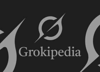 طرح گرافیکی با عنوان «GROKIPEDIA» که به عنوان «Encyclopedia of Grok» معرفی شده است. در تصویر نمادهای کتاب، جعبه‌های متنی و عناصر بصری مرتبط با دانش‌نامه دیده می‌شود. طراحی با رنگ‌های آبی و نارنجی و تم مدرن ارائه شده است.