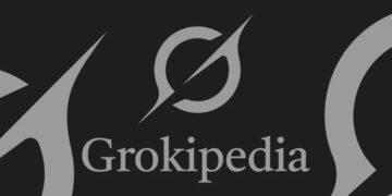 طرح گرافیکی با عنوان «GROKIPEDIA» که به عنوان «Encyclopedia of Grok» معرفی شده است. در تصویر نمادهای کتاب، جعبههای متنی و عناصر بصری مرتبط با دانشنامه دیده میشود. طراحی با رنگهای آبی و نارنجی و تم مدرن ارائه شده است.