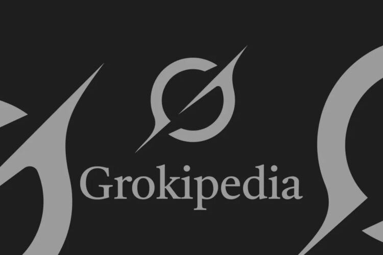طرح گرافیکی با عنوان «GROKIPEDIA» که به عنوان «Encyclopedia of Grok» معرفی شده است. در تصویر نمادهای کتاب، جعبه‌های متنی و عناصر بصری مرتبط با دانش‌نامه دیده می‌شود. طراحی با رنگ‌های آبی و نارنجی و تم مدرن ارائه شده است.
