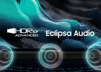 تصویری تبلیغاتی که لوگوی HDR10+ Advanced و عبارت Eclipsa Audio را روی پس‌زمینه‌ای از امواج صوتی و یک ساندبار نشان می‌دهد.