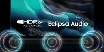 تصویری تبلیغاتی که لوگوی HDR10+ Advanced و عبارت Eclipsa Audio را روی پس‌زمینه‌ای از امواج صوتی و یک ساندبار نشان می‌دهد.