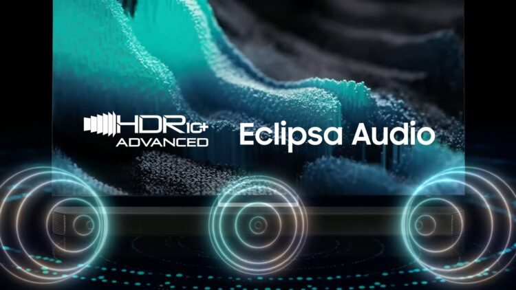 تصویری تبلیغاتی که لوگوی HDR10+ Advanced و عبارت Eclipsa Audio را روی پس‌زمینه‌ای از امواج صوتی و یک ساندبار نشان می‌دهد.