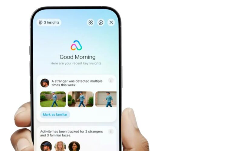 نمای رابط کاربری یک اپلیکیشن هوش مصنوعی روی گوشی هوشمند با بخش Good Morning، نمایش خلاصه اینسایت‌ها، گزارش تشخیص فعالیت، دسته‌بندی رویدادها و دکمه مدیریت تشخیص‌ها