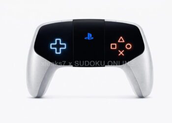 نمای جلویی پتنت کنترلر Sony PS6 با پنل لمسی یکپارچه، نمایش نماد D‑pad در سمت چپ و دکمه‌های مثلث، دایره، ضربدر و مربع در سمت راست.