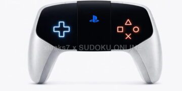 نمای جلویی پتنت کنترلر Sony PS6 با پنل لمسی یکپارچه، نمایش نماد D‑pad در سمت چپ و دکمههای مثلث، دایره، ضربدر و مربع در سمت راست.