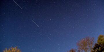 تصویر نمای باز از آسمان شب با ستاره‌های بی‌شمار و رد نورانی حرکت زنجیره‌ای ماهواره‌های استارلینک بر فراز درختان.