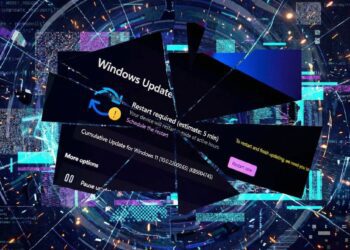 طرح گرافیکی انتزاعی از پنجره‌های مختلف به‌روزرسانی (Windows Update) و کدهای دیجیتال.
