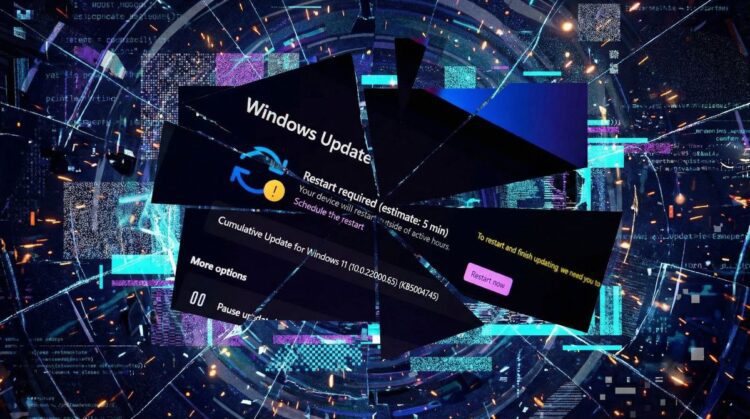 طرح گرافیکی انتزاعی از پنجرههای مختلف بهروزرسانی (Windows Update) و کدهای دیجیتال.