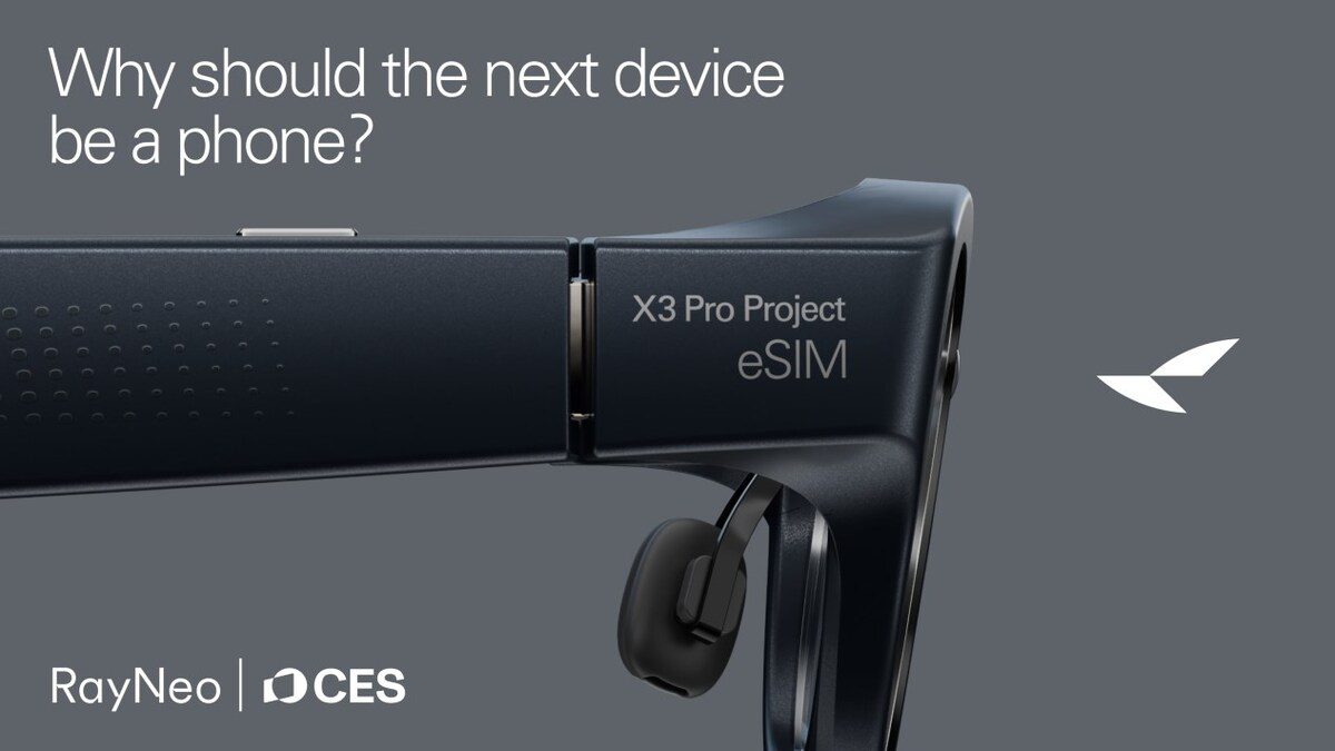 نمای نزدیک از دسته عینک هوشمند RayNeo با عبارت X3 Pro Project و قابلیت eSIM.