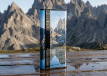 گوشی شیائومی Mi MIX Alpha با نمایشگر ۳۶۰ درجه در مقابل منظره کوهستانی.