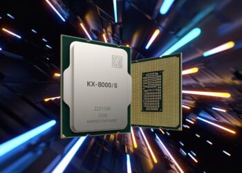 رندر گرافیکی پردازنده Zhaoxin KX‑8000/8 نمایش‌داده‌شده از نمای بالا و زیرین، با قاب فلزی سیلور و آرایه پین‌های طلایی، روی پس‌زمینه‌ای مفهومی با خطوط نوری آبی و نارنجی