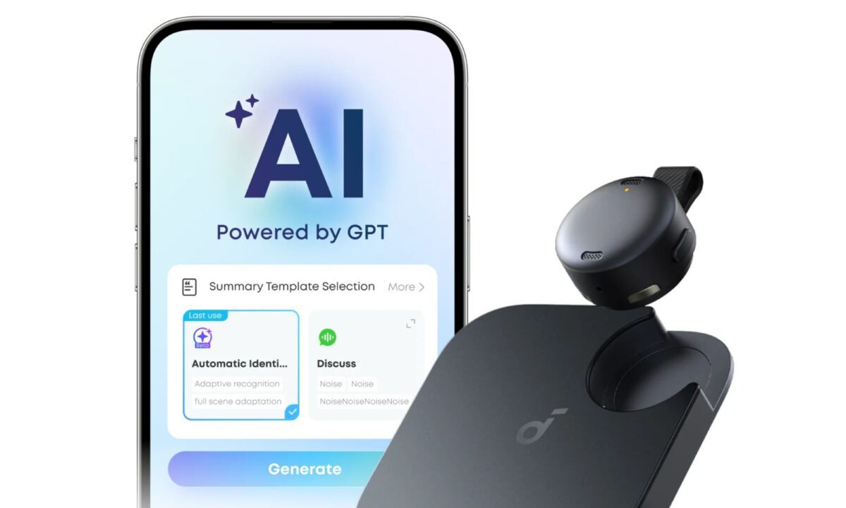 تصویر یک گوشی هوشمند با عبارت "AI Powered by GPT" در کنار دستگاه ضبط صدای کوچک برند Soundcore.
