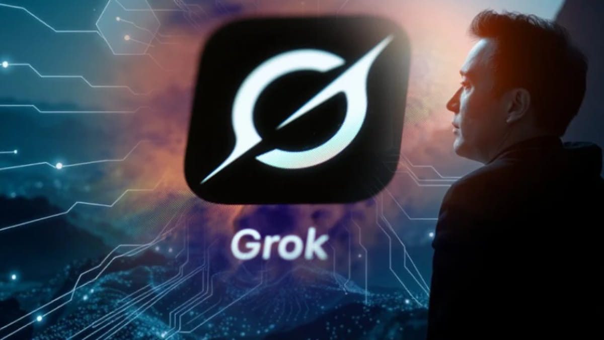 تصویری مفهومی که نیم‌رخ یک شخص شبیه ایلان ماسک را به صورت سایه و تیره نمایش می‌دهد، در حالی که به لوگوی Grok (گراک) نگاه می‌کند. لوگوی Grok و نام آن در مرکز با پس‌زمینه‌ای تیره و خطوط مداری درخشان (Circuitry) در پس‌زمینه ترکیب شده‌اند که مفاهیم هوش مصنوعی، فناوری‌های عصبی و پلتفرم xAI را القا می‌کند.