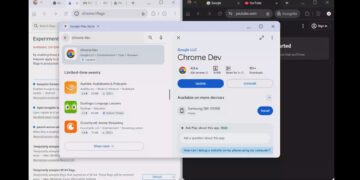 نمایی از رابط کاربری Aluminium OS گوگل که در آن دو پنجره مرورگر کروم به‌صورت تقسیم صفحه اجرا شده‌اند