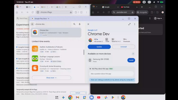 نمایی از رابط کاربری Aluminium OS گوگل که در آن دو پنجره مرورگر کروم به‌صورت تقسیم صفحه اجرا شده‌اند