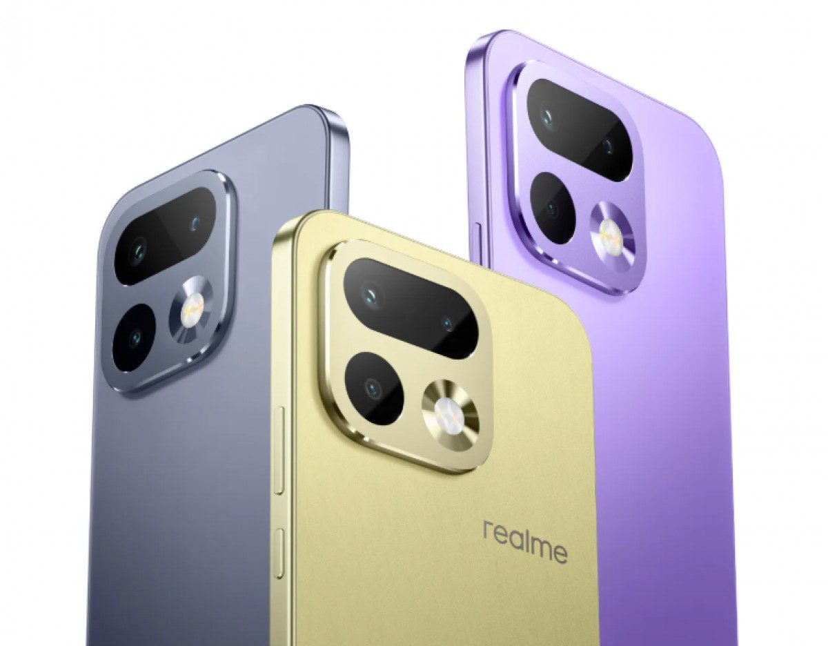 نمای پشت چند گوشی realme در رنگهای خاکستری، طلایی و بنفش با ماژول دوربین مستطیلی و طراحی مدرن بدنه
