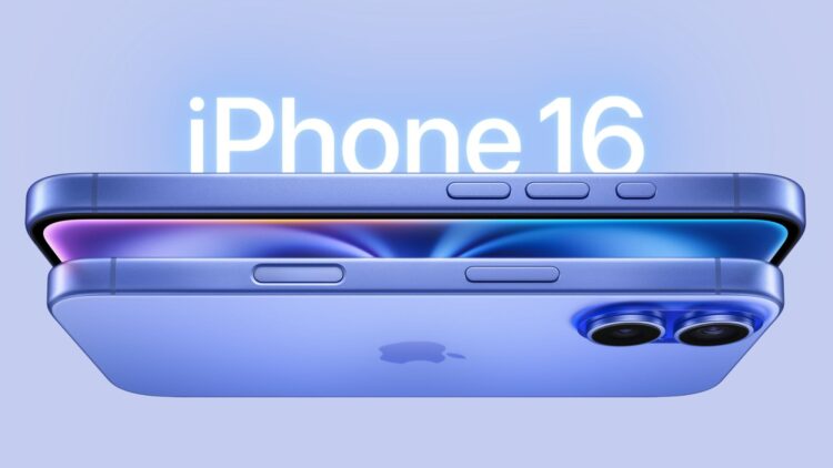 نمای نزدیک از دو گوشی آیفون ۱۶ بنفش رنگ که روی هم قرار گرفتهاند و عبارت iPhone 16 با درخشش سفید بالای آنها دیده میشود.
