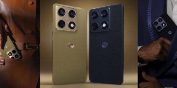 تصویر تبلیغاتی از مجموعه گوشی‌های هوشمند Motorola شامل دو نمای پشت گوشی با پنل بافت‌دار و ماژول دوربین چهارگانه، به‌همراه یک گوشی با نمایشگر روشن در پس‌زمینه گرادیانی طلایی