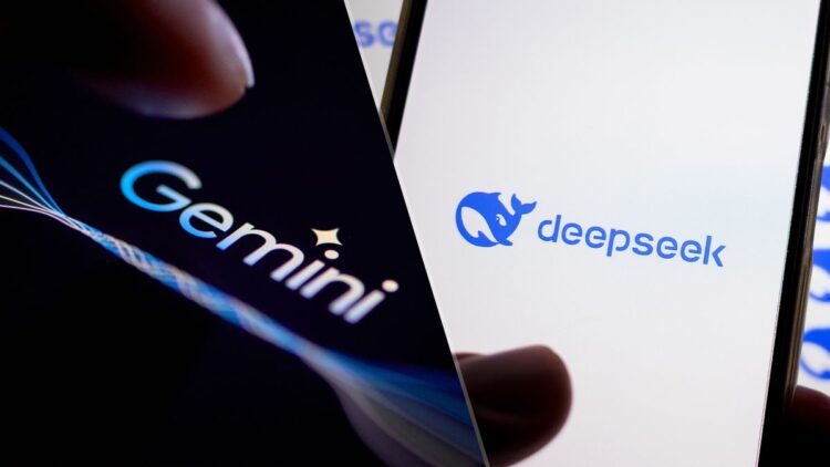 تصویر مقایسه‌ای از برندهای هوش مصنوعی Google Gemini و DeepSeek روی نمایشگر گوشی‌های هوشمند، با تمرکز بر لوگوها و هویت بصری هر دو پلتفرم در پس‌زمینه تیره و روشن.