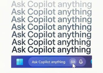 گرافیک رابط کاربری Microsoft Copilot در Windows با تکرار عبارت «Ask Copilot anything» و نوار ورودی Copilot در پایین تصویر. تمرکز تصویر بر برندینگ Copilot و قابلیت پرسش و تعامل متنی در محیط ویندوز است.