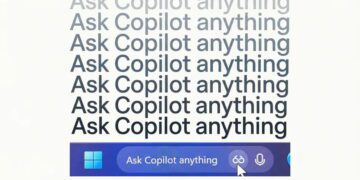 گرافیک رابط کاربری Microsoft Copilot در Windows با تکرار عبارت «Ask Copilot anything» و نوار ورودی Copilot در پایین تصویر. تمرکز تصویر بر برندینگ Copilot و قابلیت پرسش و تعامل متنی در محیط ویندوز است.