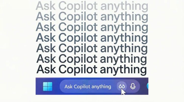 گرافیک رابط کاربری Microsoft Copilot در Windows با تکرار عبارت «Ask Copilot anything» و نوار ورودی Copilot در پایین تصویر. تمرکز تصویر بر برندینگ Copilot و قابلیت پرسش و تعامل متنی در محیط ویندوز است.
