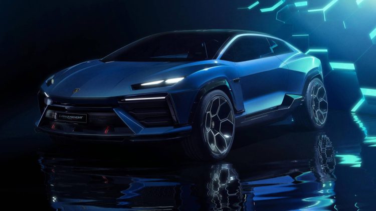 نمای سهچهارم جلو از کانسپت لامبورگینی لانزادور با نورپردازی نئونی آبی در پسزمینه تاریک