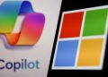 نمایش لوگوی مایکروسافت (چهار رنگ) در کنار لوگوی جدید Microsoft Copilot که نشان‌دهنده ادغام هوش مصنوعی در اکوسیستم ویندوز و آفیس است