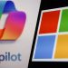 نمایش لوگوی مایکروسافت (چهار رنگ) در کنار لوگوی جدید Microsoft Copilot که نشان‌دهنده ادغام هوش مصنوعی در اکوسیستم ویندوز و آفیس است