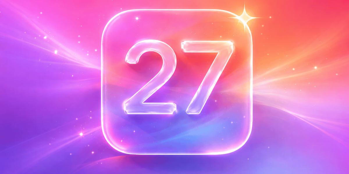 تصویر گرافیکی مفهومی از iOS 27 با آیکن شفاف و درخشان، عدد «27» برجسته در مرکز و افکت‌های نوری و پس‌زمینه رنگی پویا که بازطراحی بصری احتمالی سیستم‌عامل اپل را نمایش می‌دهد.